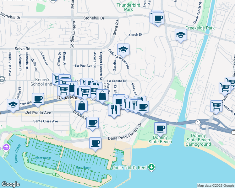 map of restaurants, bars, coffee shops, grocery stores, and more near 25132 Manzanita Drive in Dana Point