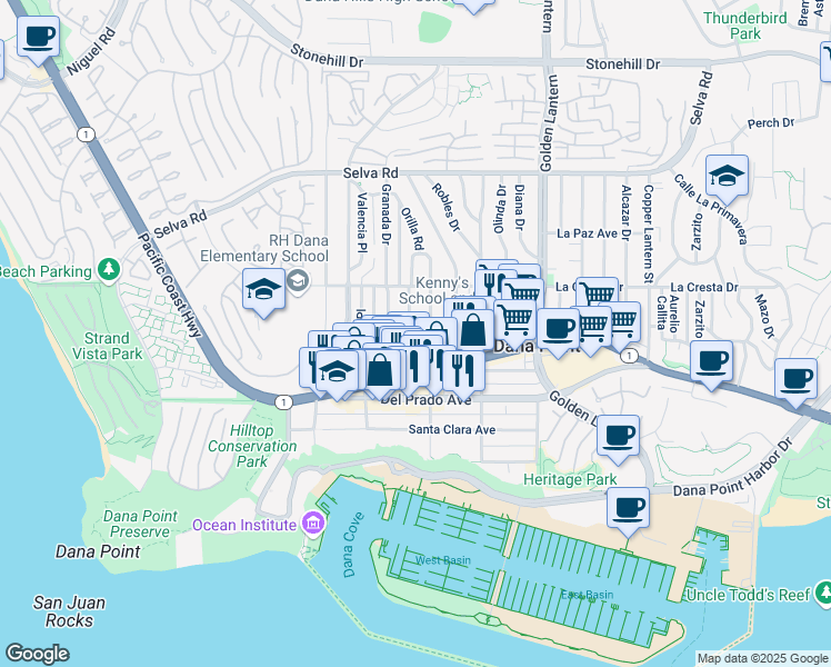map of restaurants, bars, coffee shops, grocery stores, and more near 34102 La Serena Drive in Dana Point