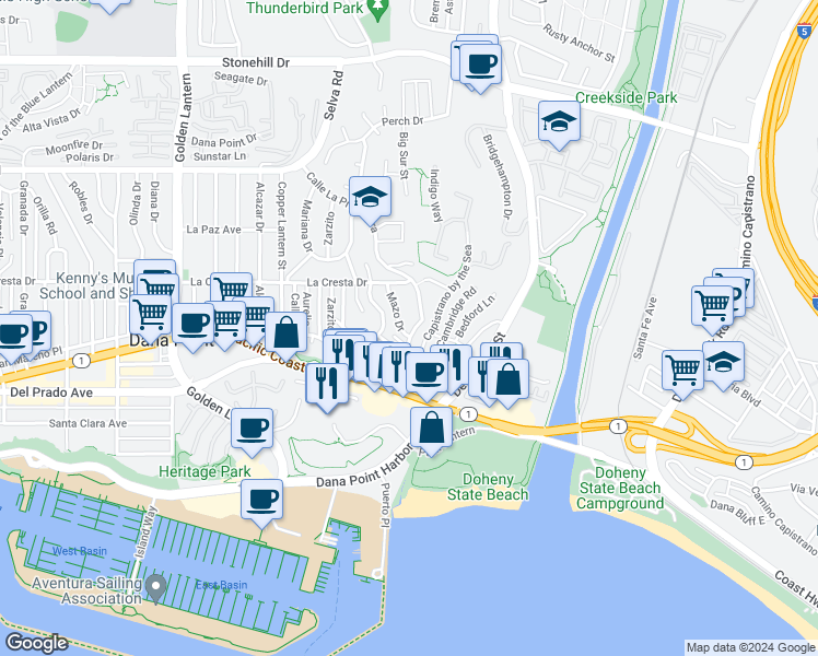 map of restaurants, bars, coffee shops, grocery stores, and more near 34101 Calle La Primavera in Dana Point
