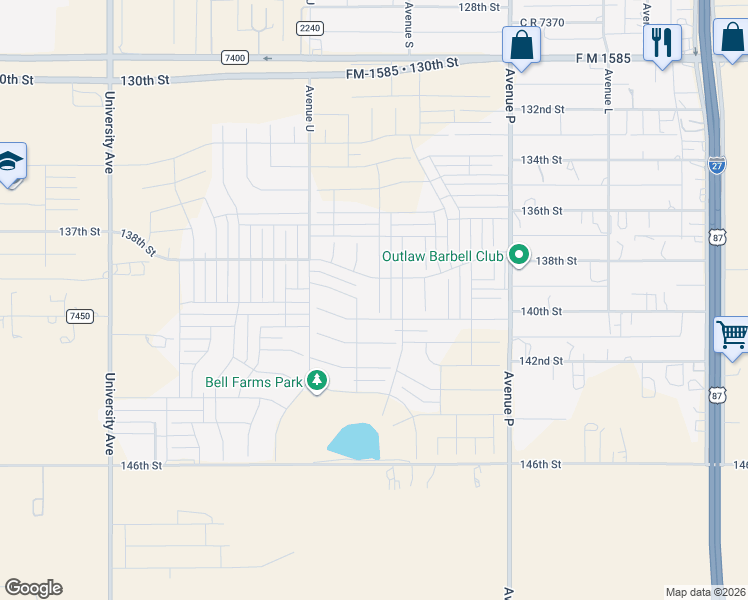 map of restaurants, bars, coffee shops, grocery stores, and more near 13800-13998 C R 2300 in Lubbock