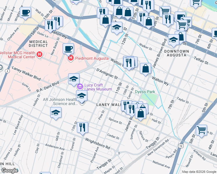 map of restaurants, bars, coffee shops, grocery stores, and more near 1118 Miller Street in Augusta