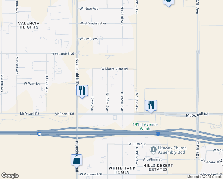 map of restaurants, bars, coffee shops, grocery stores, and more near 1905 North 193rd Avenue in Buckeye