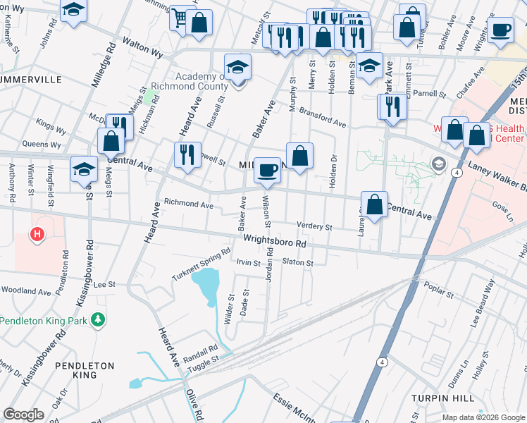 map of restaurants, bars, coffee shops, grocery stores, and more near 1306 Wilson Street in Augusta