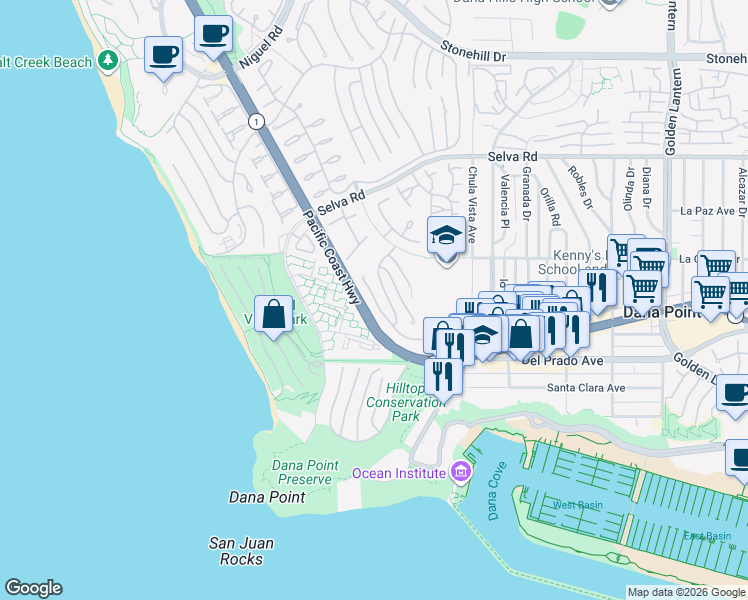 map of restaurants, bars, coffee shops, grocery stores, and more near 27 Palm Beach Court in Dana Point