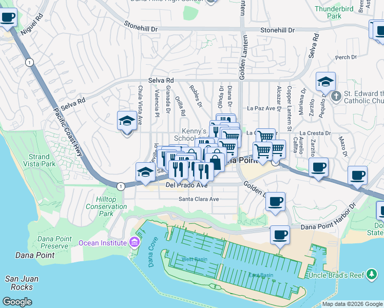 map of restaurants, bars, coffee shops, grocery stores, and more near 34072 Street of the Amber Lantern in Dana Point