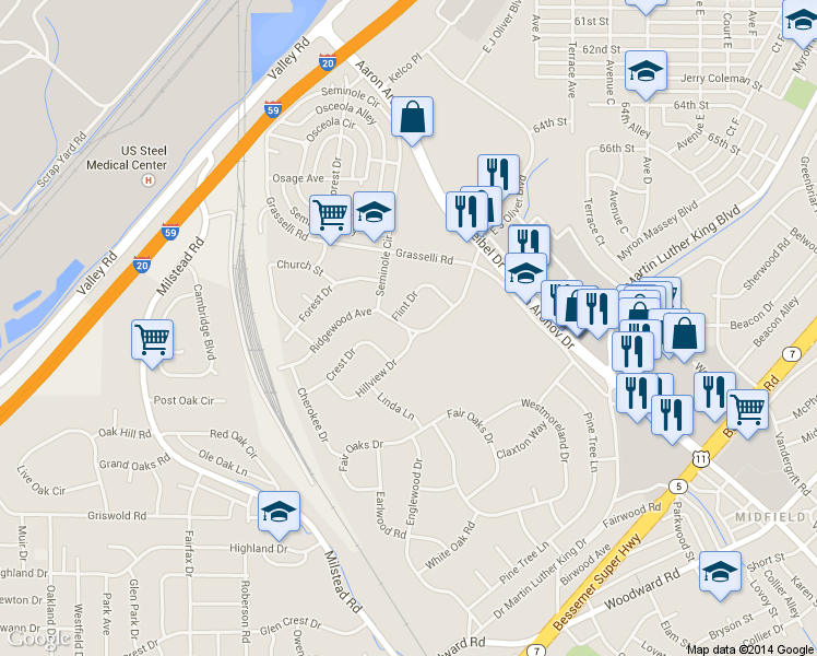 map of restaurants, bars, coffee shops, grocery stores, and more near Hillview Drive in Fairfield