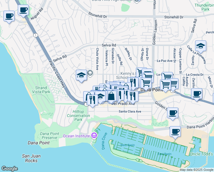 map of restaurants, bars, coffee shops, grocery stores, and more near 34102 Seville Place in Dana Point