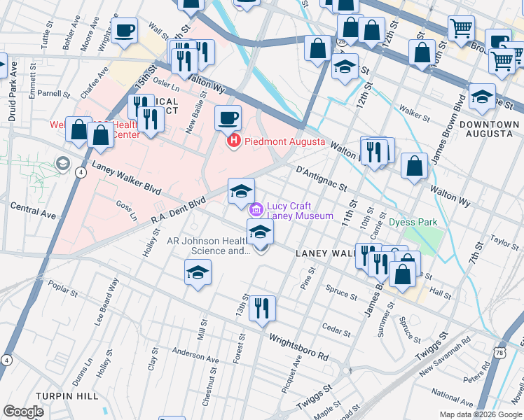 map of restaurants, bars, coffee shops, grocery stores, and more near 1032 Phillips Street in Augusta