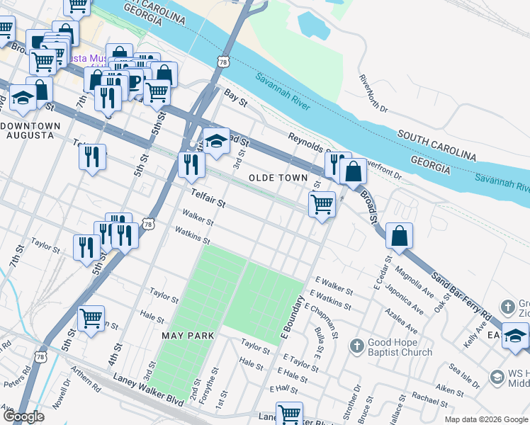 map of restaurants, bars, coffee shops, grocery stores, and more near 415 2nd Street in Augusta