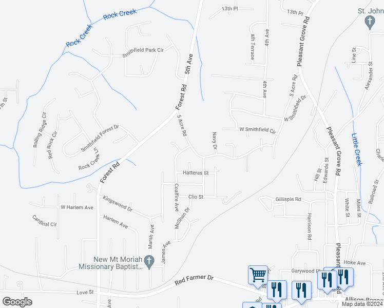 map of restaurants, bars, coffee shops, grocery stores, and more near 357 5 Acre Road in Hueytown