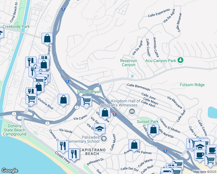 map of restaurants, bars, coffee shops, grocery stores, and more near in San Juan Capistrano
