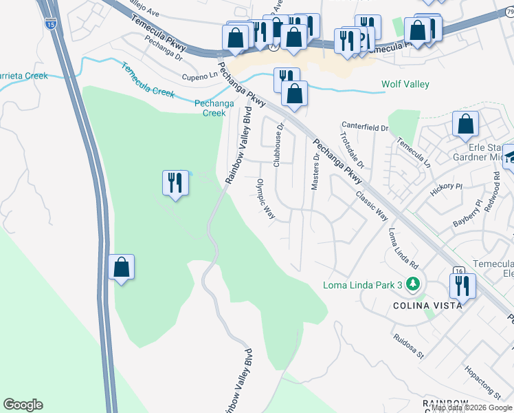 map of restaurants, bars, coffee shops, grocery stores, and more near 30574 Greenway Circle in Temecula