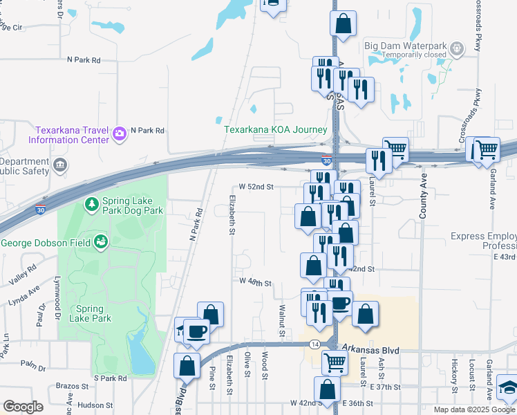 map of restaurants, bars, coffee shops, grocery stores, and more near 5004 Hidden Acres Drive in Texarkana