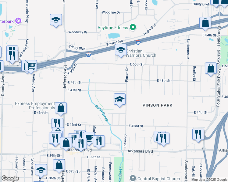 map of restaurants, bars, coffee shops, grocery stores, and more near 1905 E 47th St in Texarkana