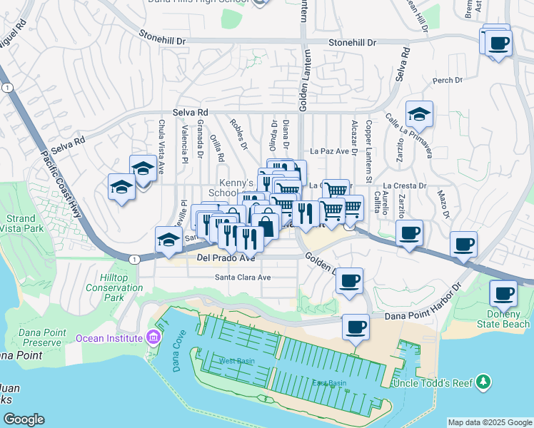 map of restaurants, bars, coffee shops, grocery stores, and more near 34102 Street of the Violet Lantern in Dana Point