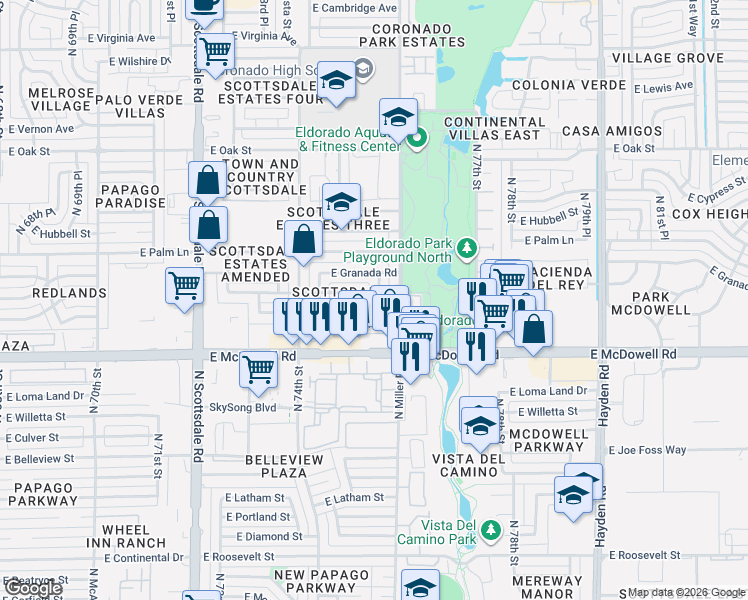 map of restaurants, bars, coffee shops, grocery stores, and more near 1726 North Miller Road in Scottsdale