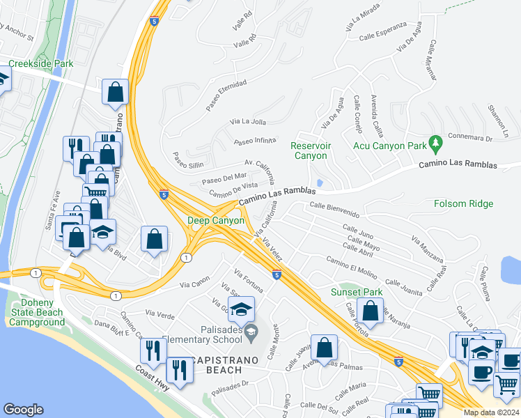 map of restaurants, bars, coffee shops, grocery stores, and more near 34101 Via California in San Juan Capistrano