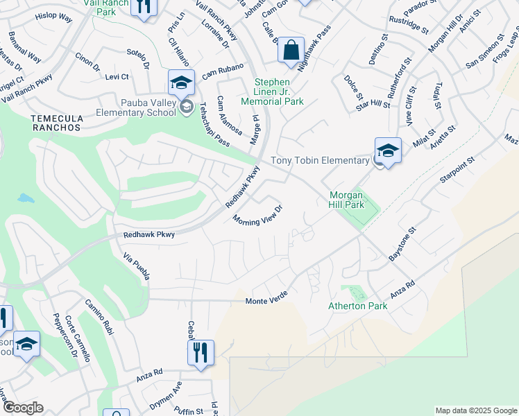map of restaurants, bars, coffee shops, grocery stores, and more near 33297 Eastridge Place in Temecula