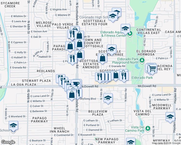 map of restaurants, bars, coffee shops, grocery stores, and more near 7246 East Coronado Road in Scottsdale