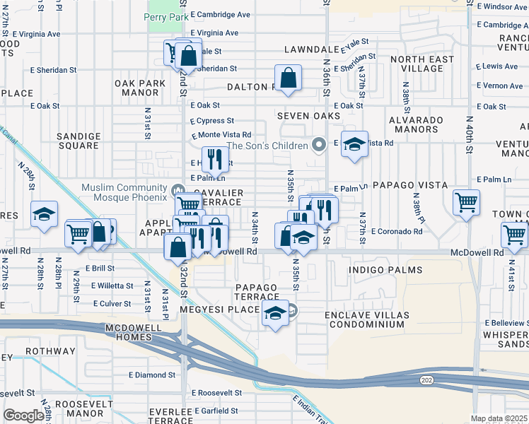 map of restaurants, bars, coffee shops, grocery stores, and more near 3414 East Coronado Road in Phoenix