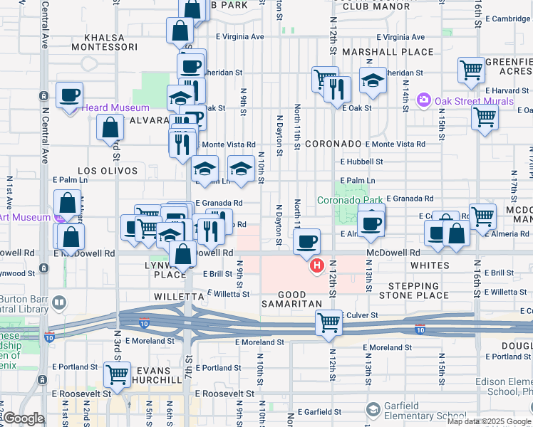 map of restaurants, bars, coffee shops, grocery stores, and more near 1809 North 10th Street in Phoenix