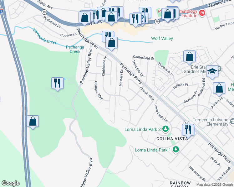 map of restaurants, bars, coffee shops, grocery stores, and more near 45626 Masters Drive in Temecula