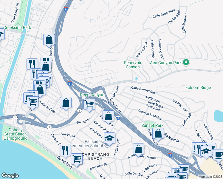 map of restaurants, bars, coffee shops, grocery stores, and more near 604 Calle Bienvenido in San Clemente