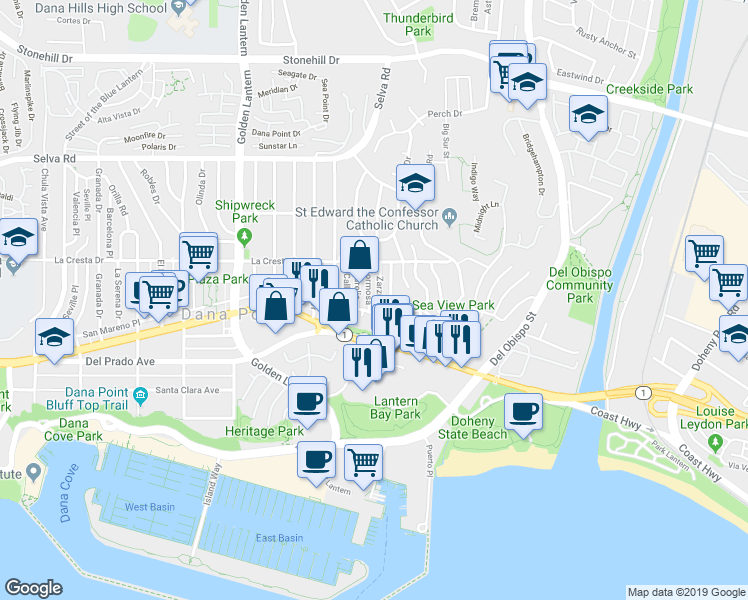 map of restaurants, bars, coffee shops, grocery stores, and more near 34071 El Contento in Dana Point