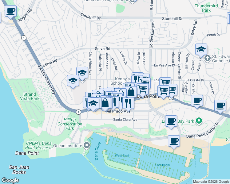 map of restaurants, bars, coffee shops, grocery stores, and more near 34072 Granada Drive in Dana Point