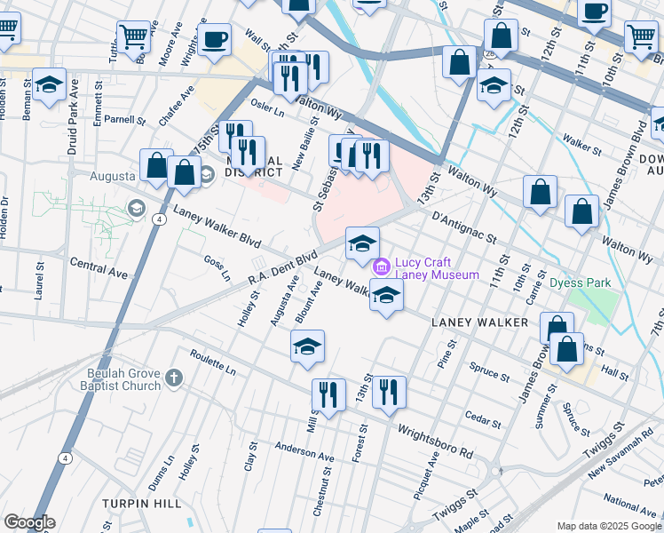 map of restaurants, bars, coffee shops, grocery stores, and more near in Augusta