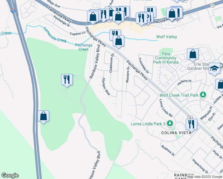map of restaurants, bars, coffee shops, grocery stores, and more near 45627 Clubhouse Drive in Temecula