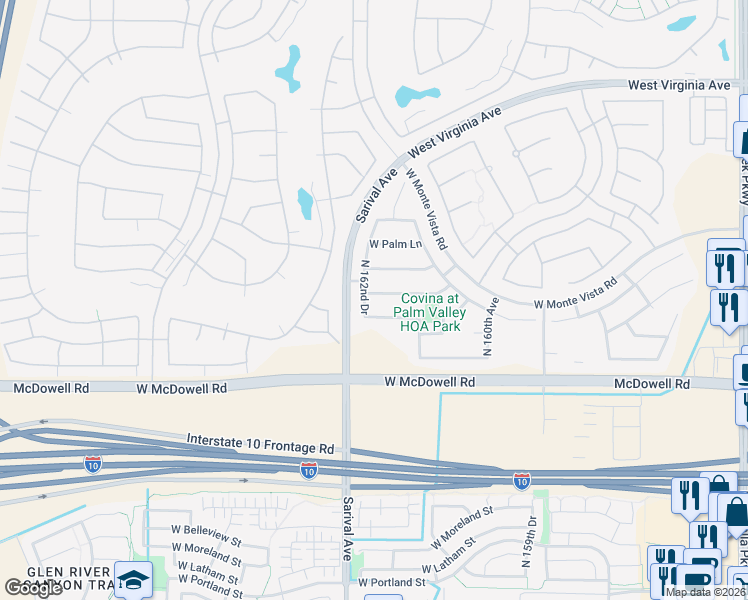 map of restaurants, bars, coffee shops, grocery stores, and more near 16229 West Berkeley Road in Goodyear
