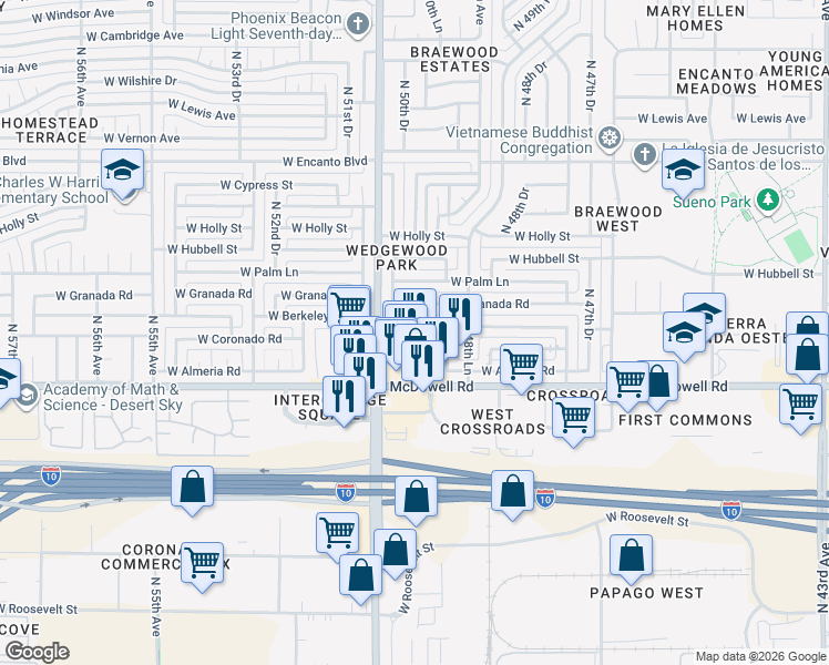 map of restaurants, bars, coffee shops, grocery stores, and more near 4914 West Berkeley Road in Phoenix