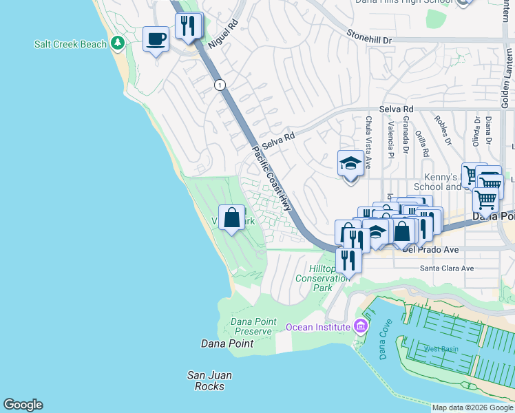 map of restaurants, bars, coffee shops, grocery stores, and more near 34112 Selva Road in Dana Point