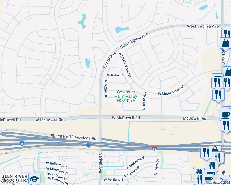 map of restaurants, bars, coffee shops, grocery stores, and more near 16197 West Berkeley Road in Goodyear
