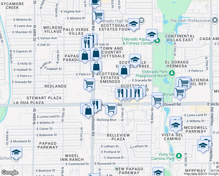 map of restaurants, bars, coffee shops, grocery stores, and more near 7246 East Coronado Road in Scottsdale