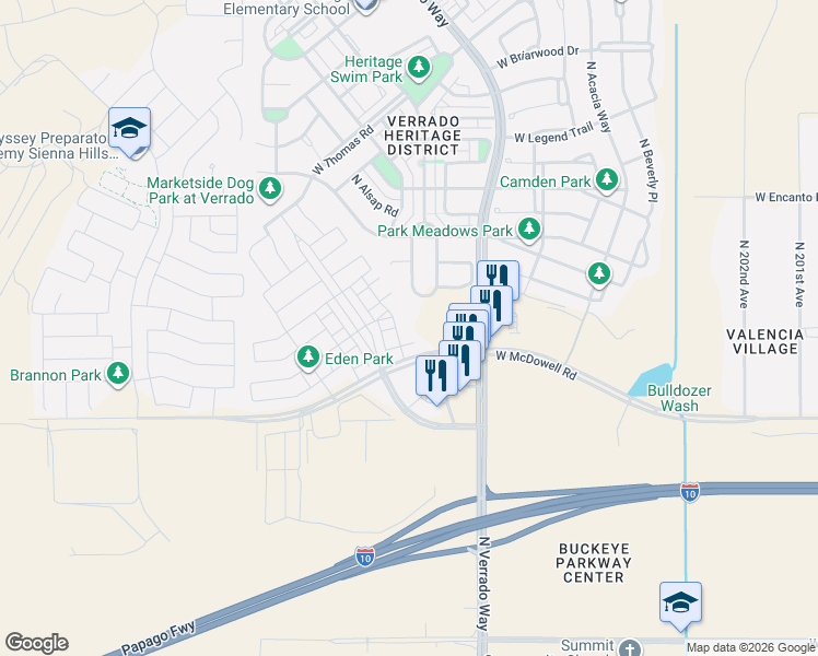 map of restaurants, bars, coffee shops, grocery stores, and more near 1737 North 208th Avenue in Buckeye