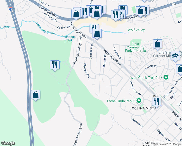 map of restaurants, bars, coffee shops, grocery stores, and more near 45627 Clubhouse Drive in Temecula