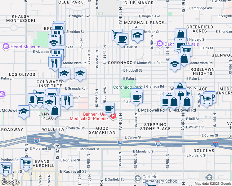 map of restaurants, bars, coffee shops, grocery stores, and more near 1811 North Mitchell Street in Phoenix