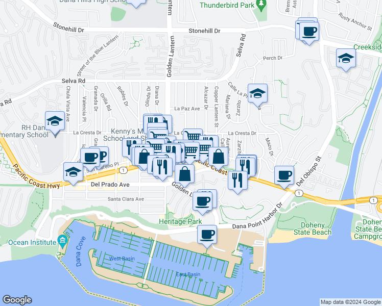 map of restaurants, bars, coffee shops, grocery stores, and more near 34206 Pacific Coast Highway in Dana Point