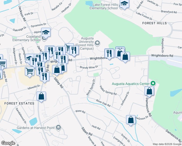 map of restaurants, bars, coffee shops, grocery stores, and more near 3182 Willow Creek Road in Augusta