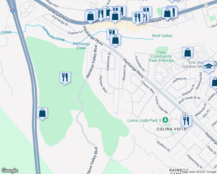 map of restaurants, bars, coffee shops, grocery stores, and more near 45627 Clubhouse Drive in Temecula
