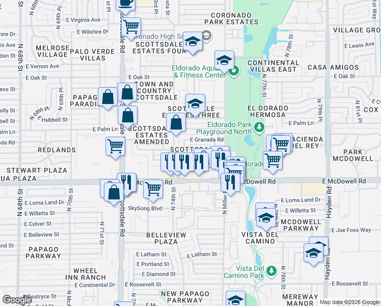 map of restaurants, bars, coffee shops, grocery stores, and more near 1803 North 74th Place in Scottsdale