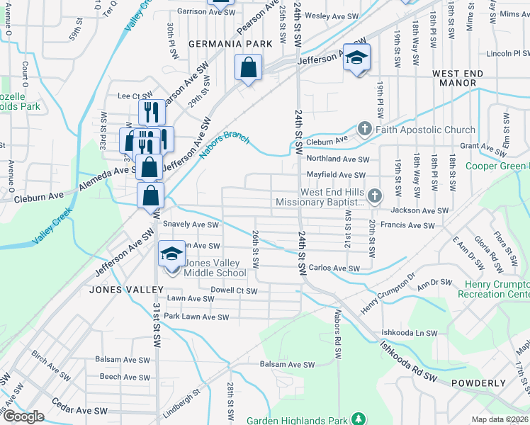 map of restaurants, bars, coffee shops, grocery stores, and more near 2524 Brookhaven Avenue Southwest in Birmingham