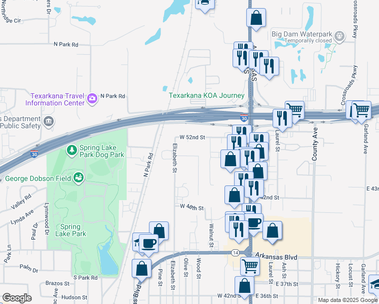 map of restaurants, bars, coffee shops, grocery stores, and more near 5006 Hidden Acres in Texarkana
