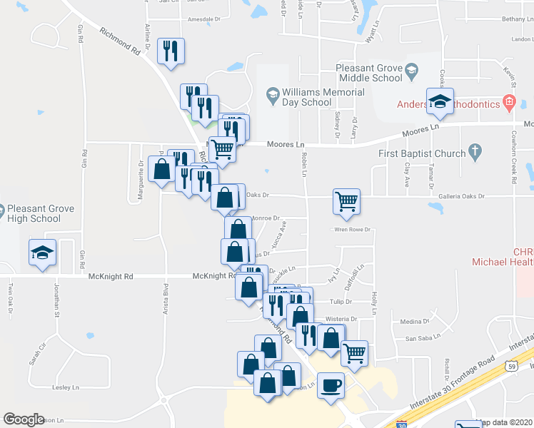 map of restaurants, bars, coffee shops, grocery stores, and more near 4208 Monroe Drive in Texarkana