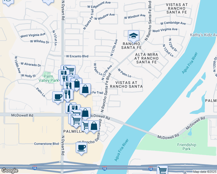 map of restaurants, bars, coffee shops, grocery stores, and more near 12592 West Coronado Road in Avondale