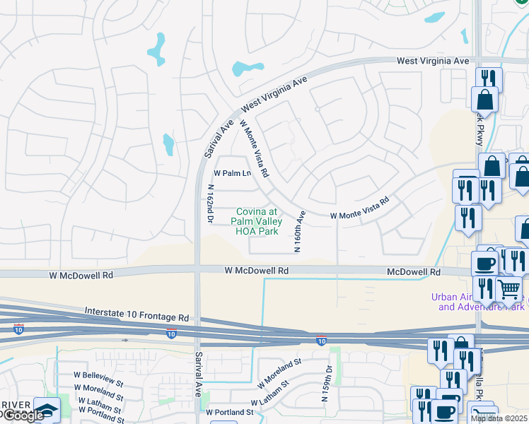 map of restaurants, bars, coffee shops, grocery stores, and more near 16135 West Berkeley Road in Goodyear