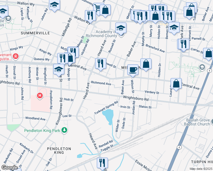 map of restaurants, bars, coffee shops, grocery stores, and more near 2004 Richmond Avenue in Augusta