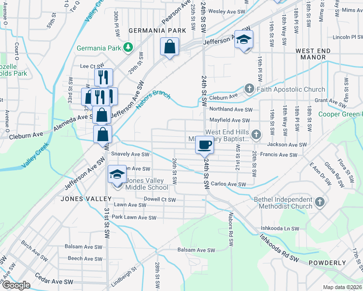 map of restaurants, bars, coffee shops, grocery stores, and more near 2505 Brookhaven Avenue Southwest in Birmingham